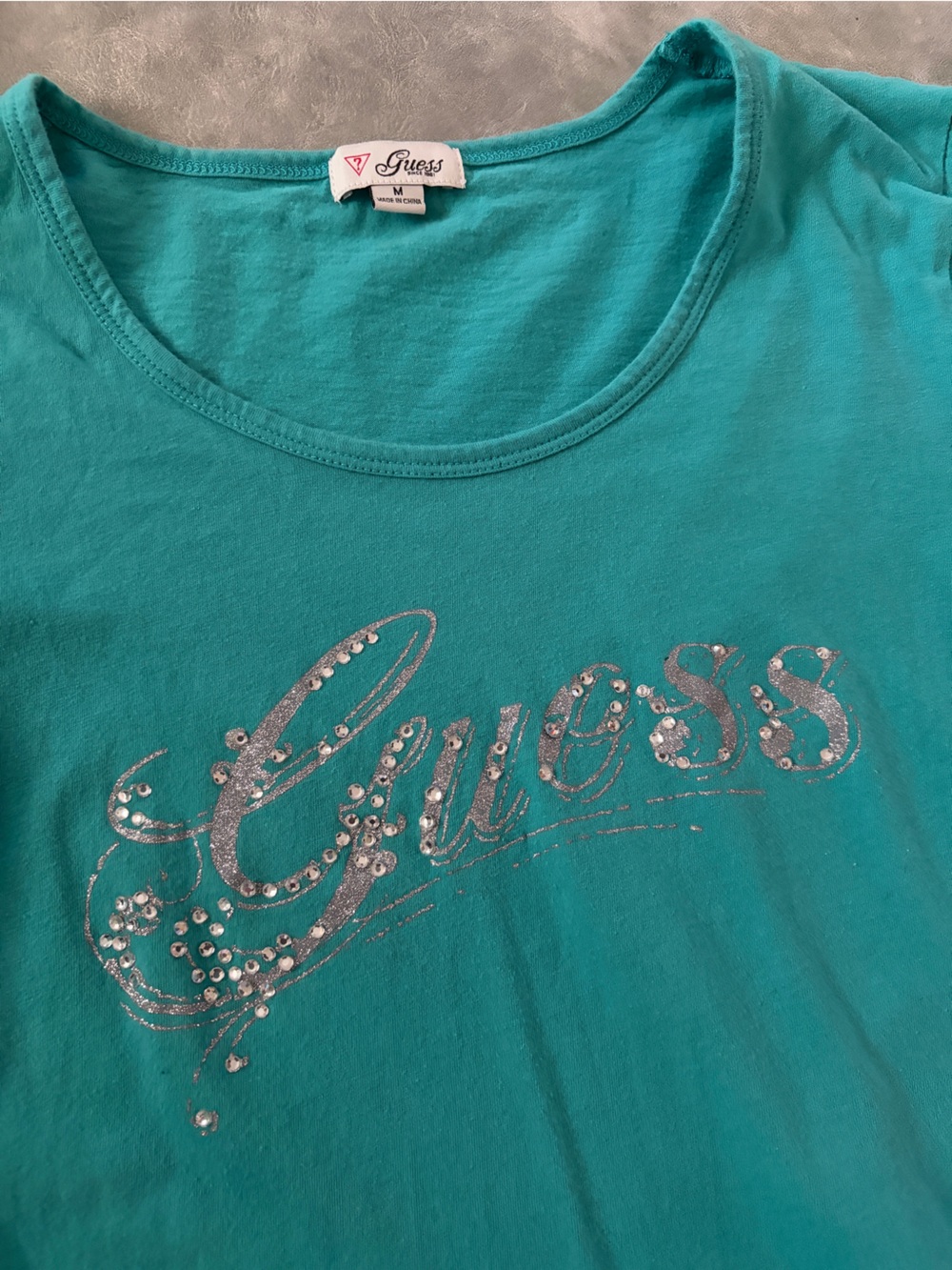 Y2K Guess Teal Rhinestone Short Sleeve Model Off Duty Baby Tee - Picture 9 of 13